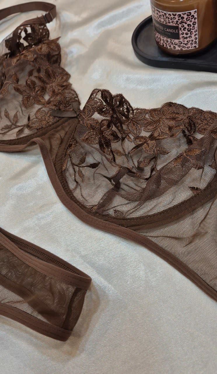 Lüks Kahverengi Çiçek Dantelli Balenli Sütyen Takımı