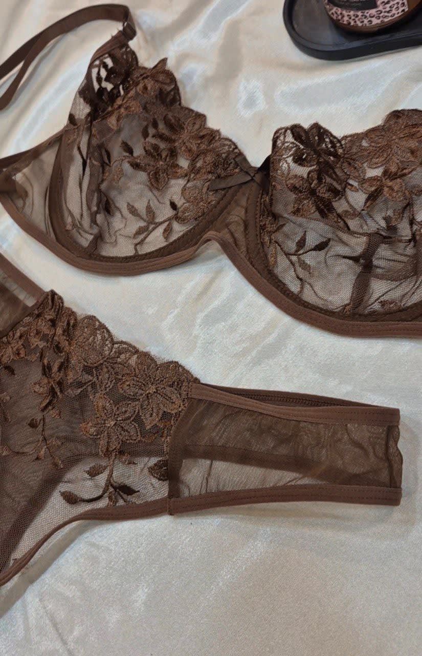 Lüks Kahverengi Çiçek Dantelli Balenli Sütyen Takımı