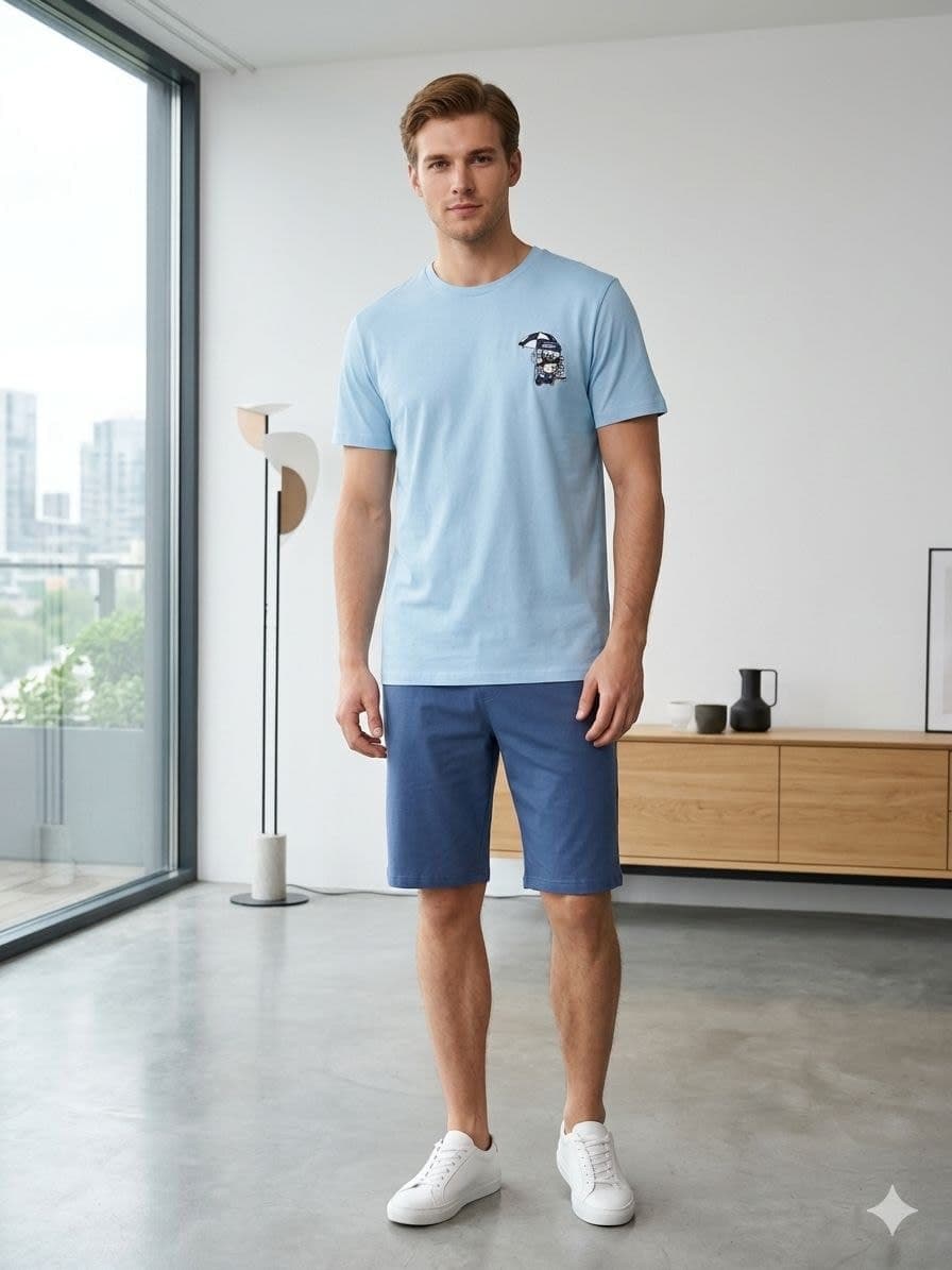 Beach Time Erkek Şortlu Pijama Takımı – Açık Mavi %100 Pamuk