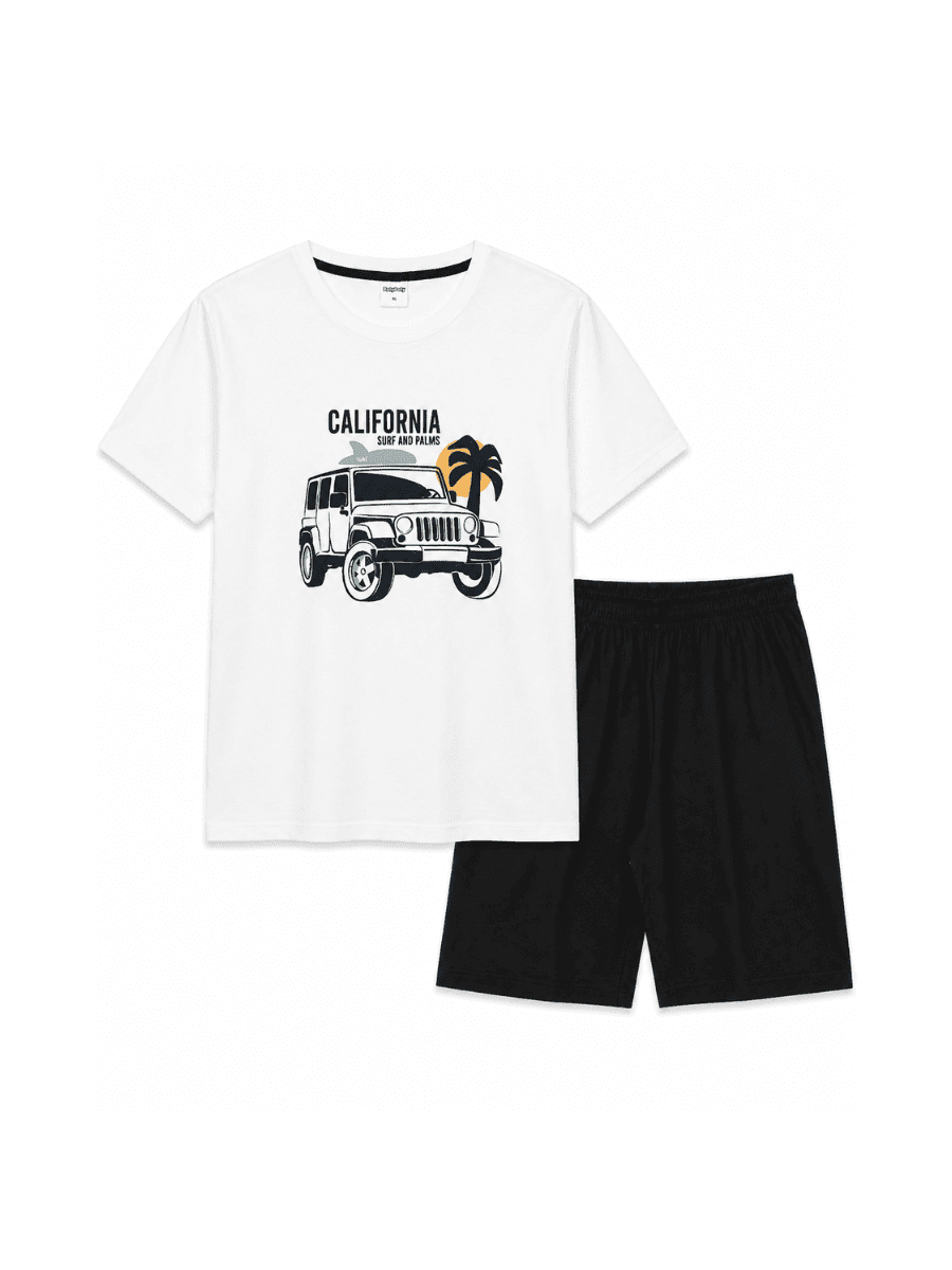 California Surf Erkek Şortlu Pijama Takımı – Beyaz & Siyah %100 Pamuk